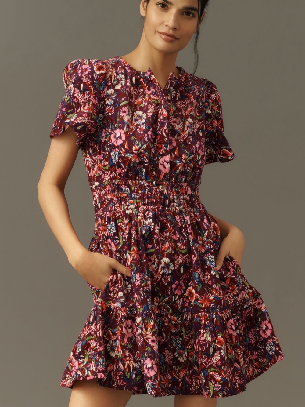 NWT Anthropologie Burgundy Floral Smocked Tiered Mini, medium